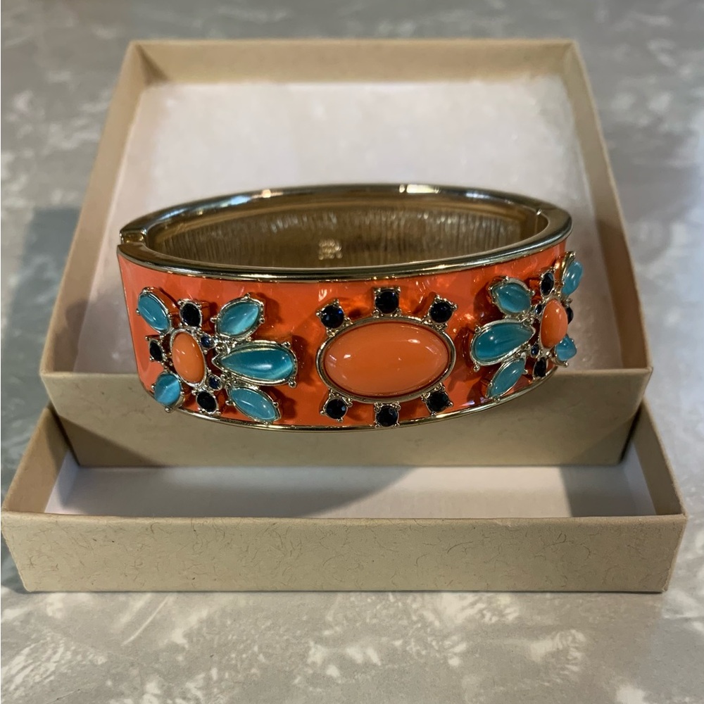 Banana Republic Coral Enamel Cuff Bracelet with Turquoise And Navy Rhinestones